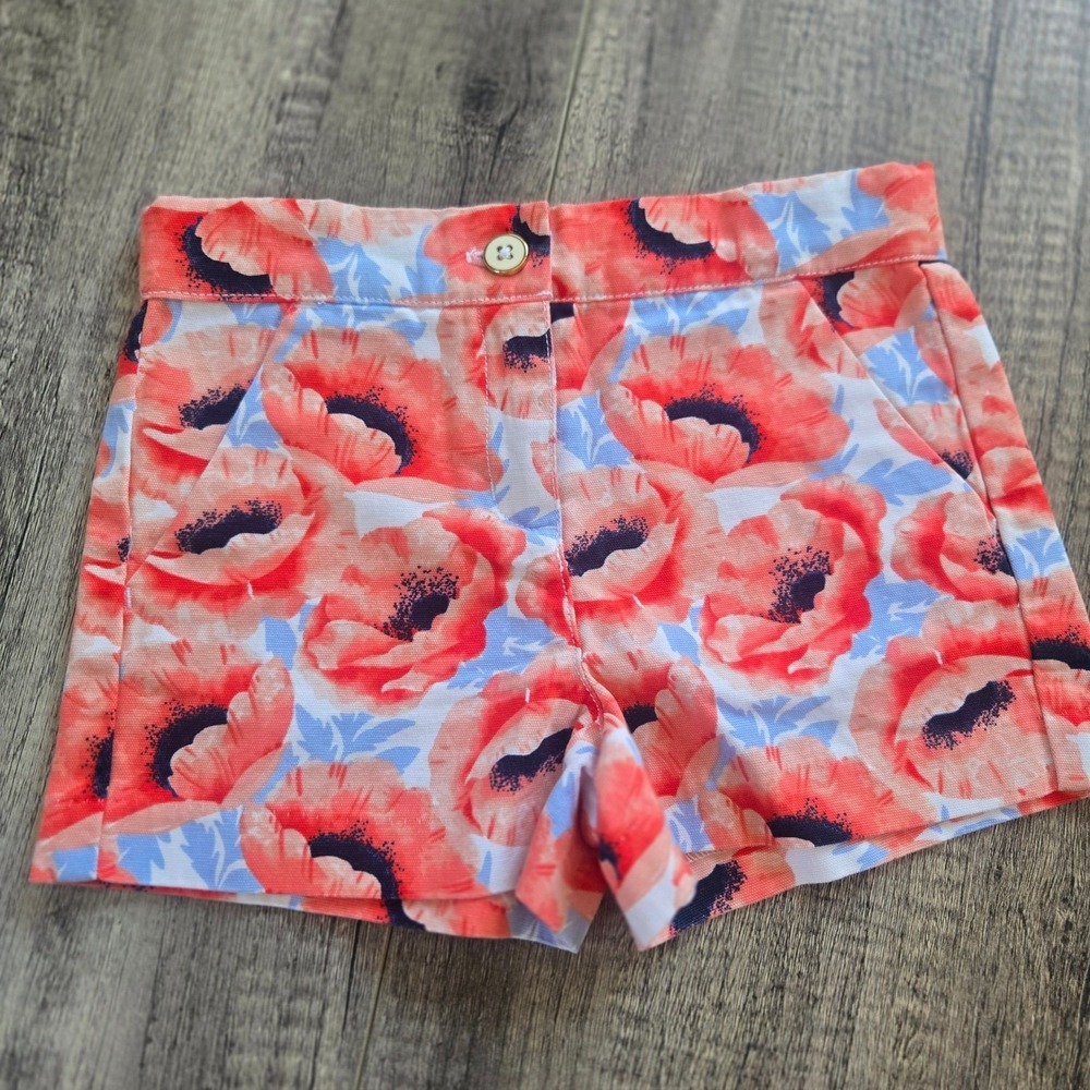 Janie and Jack Girls Coral Red Poppy Floral Cotton Canvas Shorts Size 4